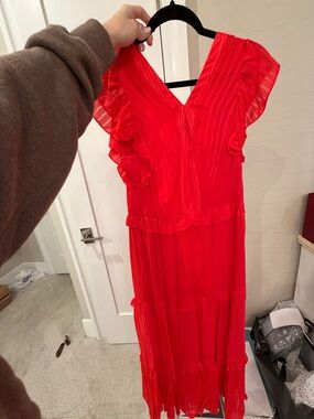 Ted Baker Red Ruffle V-Neck Tiered Midi Dress